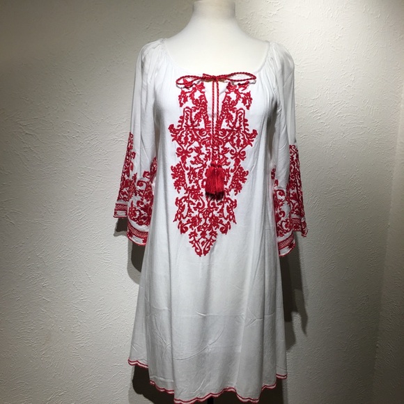 Chic Connection Dresses & Skirts - White with Red Embroidery Boho Dress